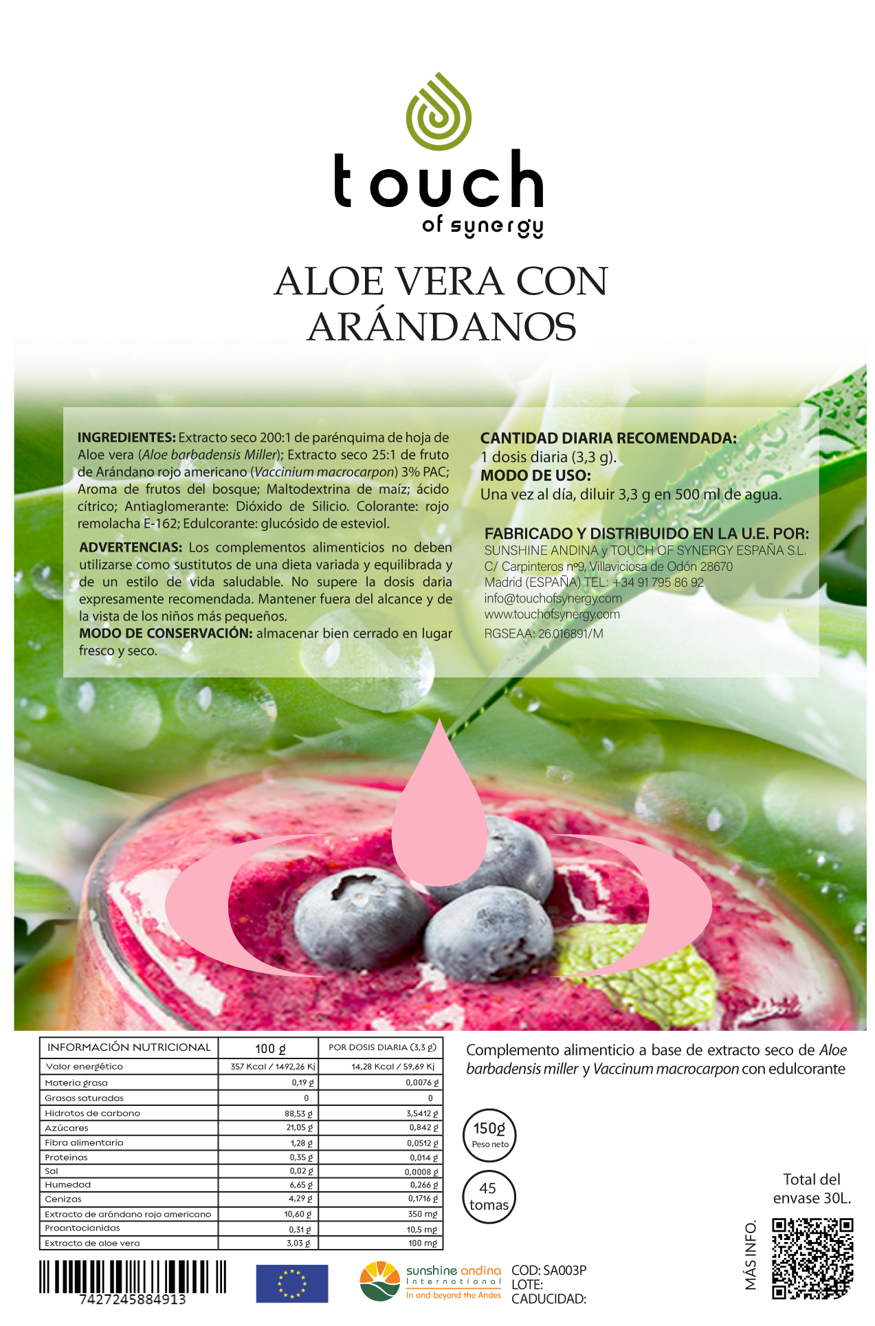 Aloe Vera con Arándanos - Bolsa 150 gramos (45 tomas)