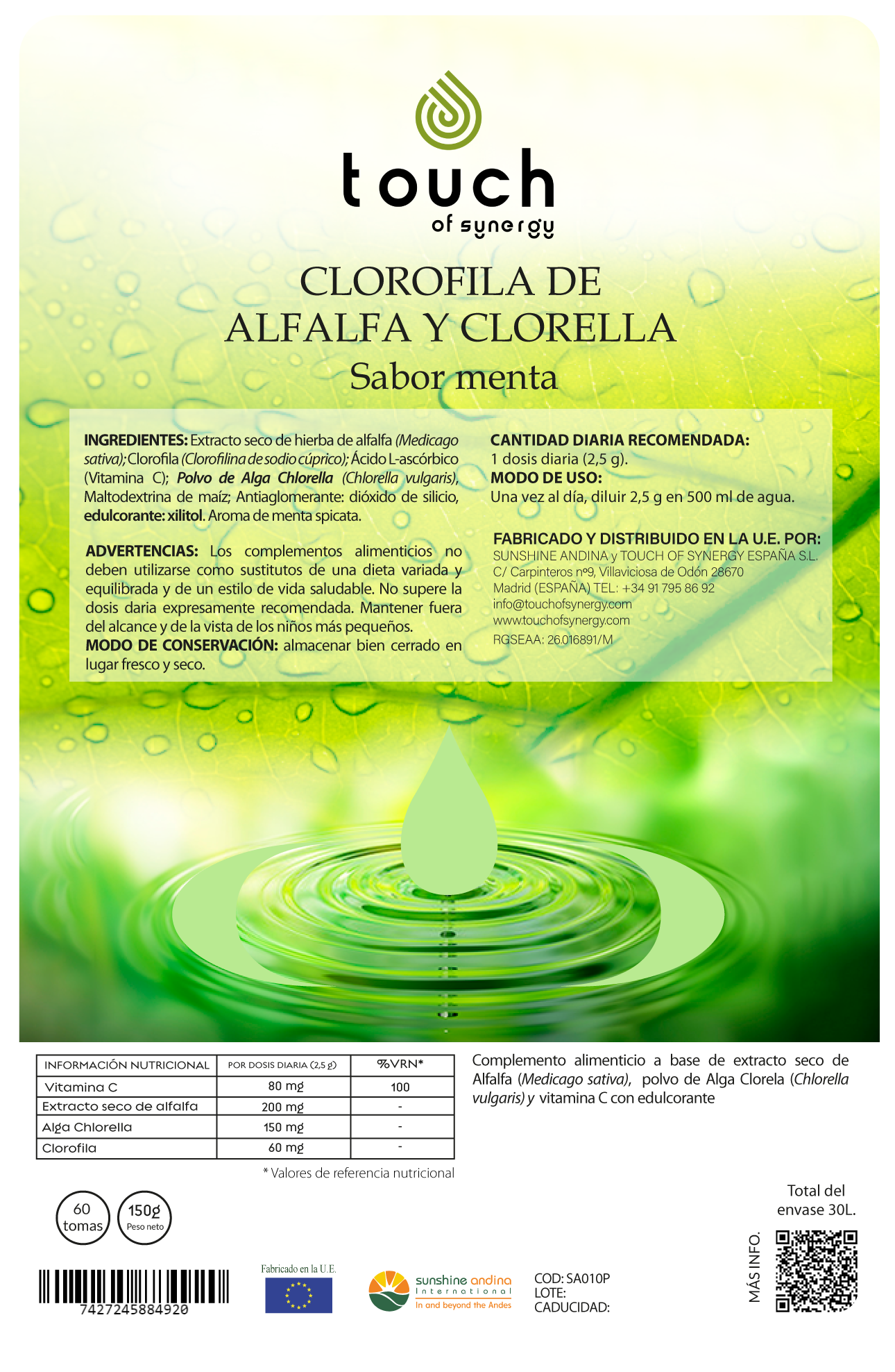 Clorofila de Alfalfa y Clorella (Sabor limón y menta) - Bolsa 150 gramos