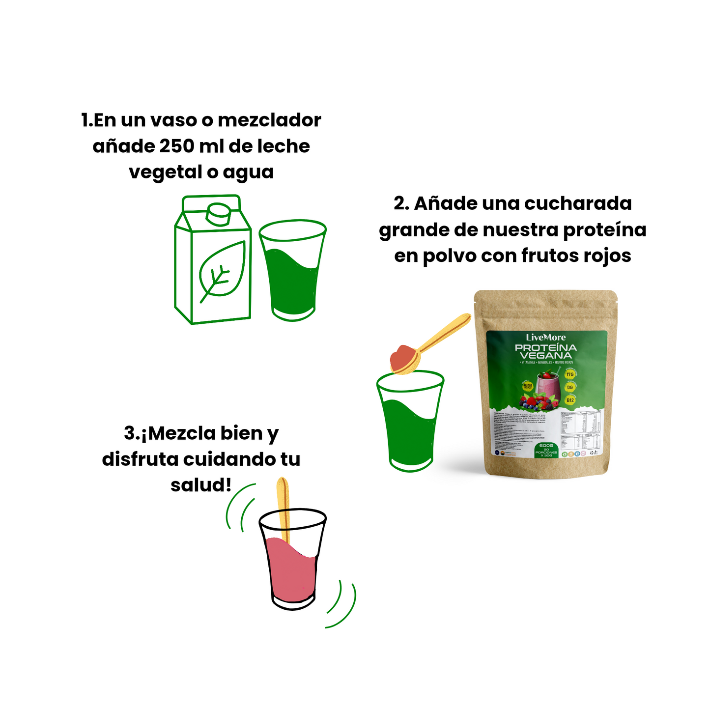 Proteína vegana orgánica con frutos rojos y vitaminas
