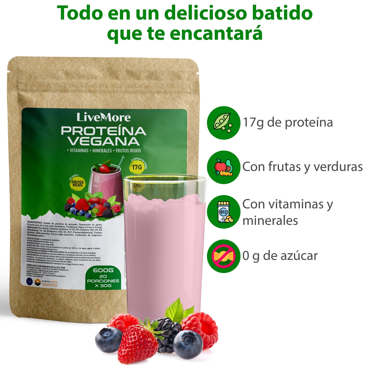 Proteína vegana orgánica con frutos rojos y vitaminas